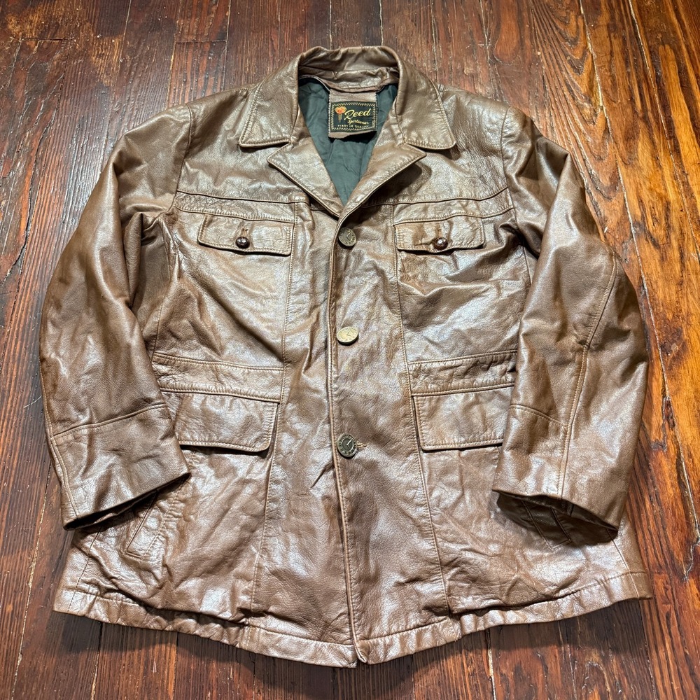 Vintage Reed Sportswear Leather Jacket Mens 44 Brown Bomber 70s Clock‎ Buttons